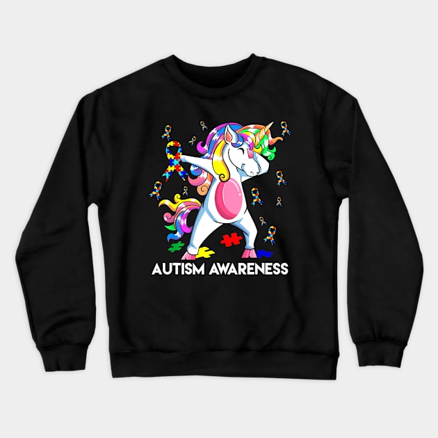 Dabbing Unicorn Autism Awareness Gift Kids Girls Dab Dance Crewneck Sweatshirt by Lorelaimorris